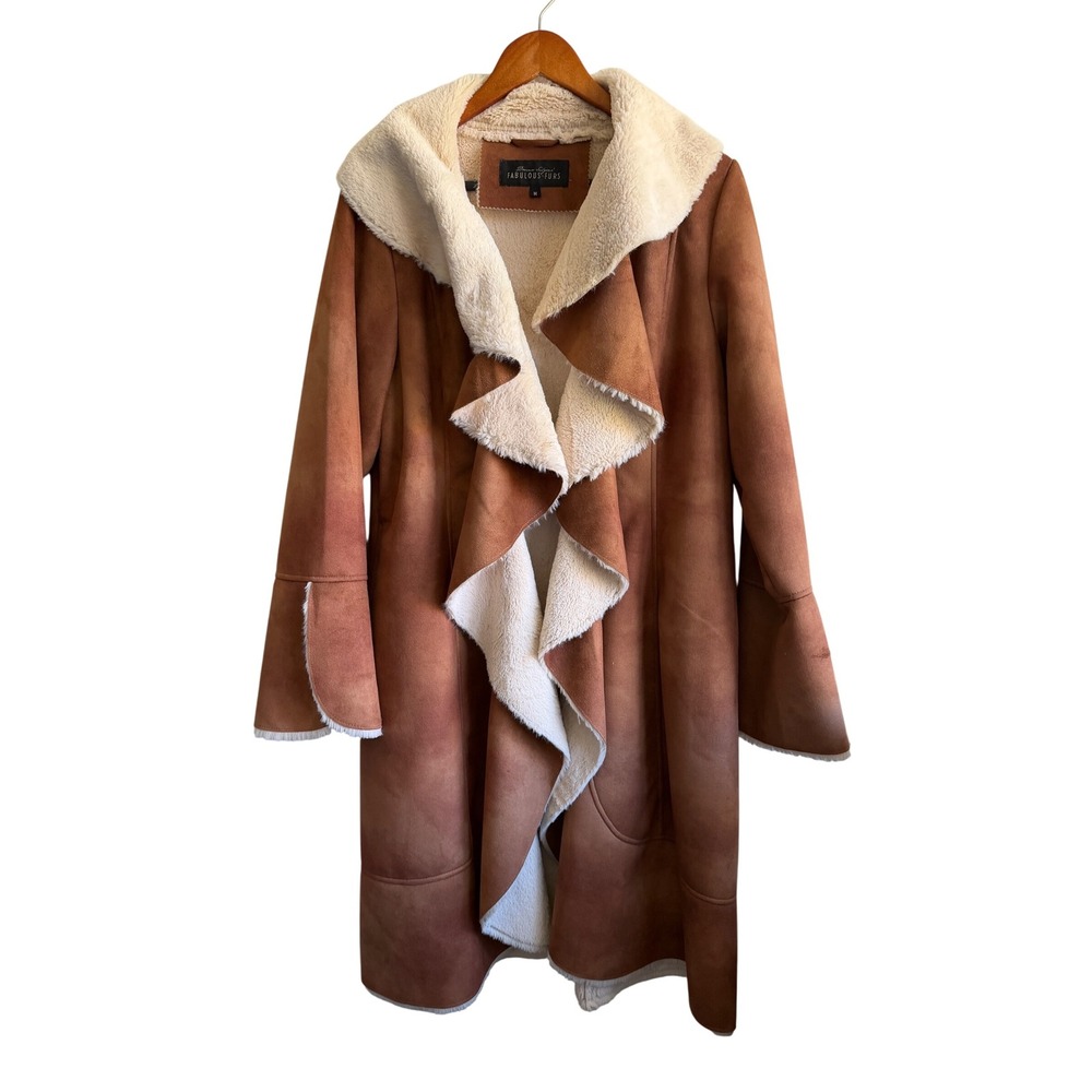Fabulous‎ Furs Brown Faux Suede Sherpa Lined Waterfall Coat Jacket M